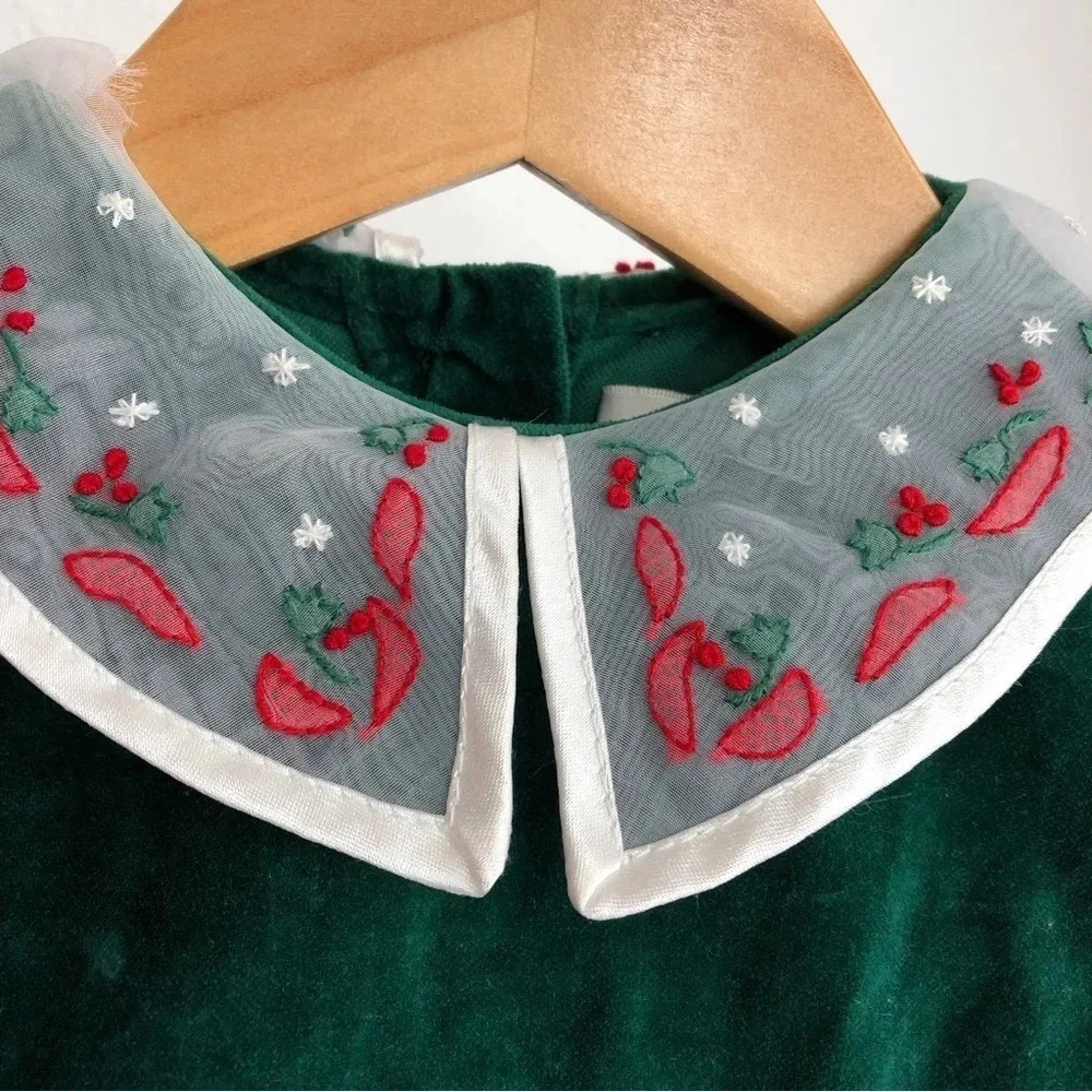 Strasburg Christmas dress green velvet, embroidered collar & satin sash 6 month - Picture 3 of 11